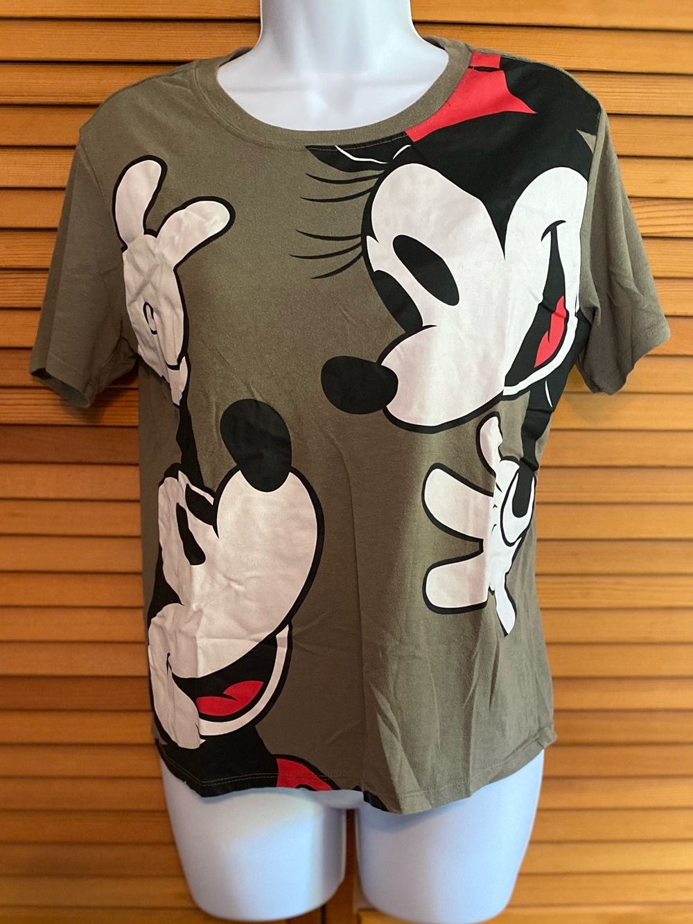 Disney Olive Green Mickey & Minnie Face Short Sleeve Tee